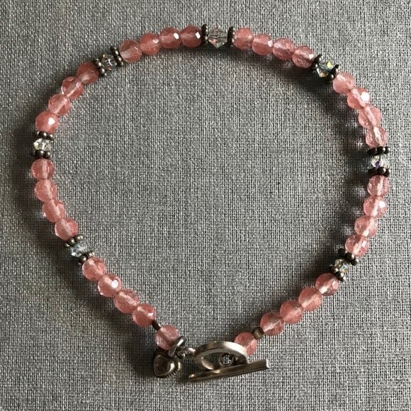 Vintage Handmade Strawberry Quartz Swarovski Crystal Sterling Silver Bracelet - Picture 5 of 10
